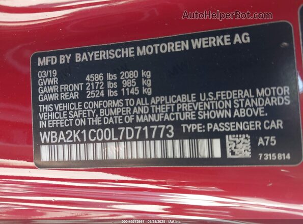 WBA2K1C00L7D71773 2020 BMW 2 SERIES Red ძრავის განყოფილების ხედი