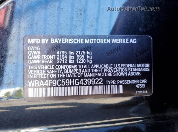 WBA4F9C59HG439922 2017 BMW 4 SERIES Черный Вид наклейки с VIN-кодом