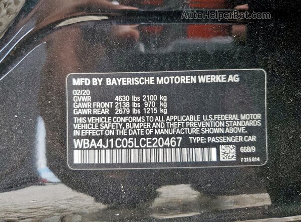 WBA4J1C05LCE20467 2020 BMW 4 SERIES Black Vista de la etiqueta del VIN
