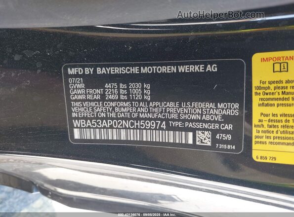 WBA53AP02NCH59974 2022 BMW 4 SERIES Черный Вид подкапотного пространства