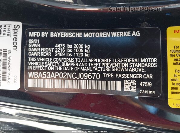 WBA53AP02NCJ09670 2022 BMW 4 SERIES Black Engine compartment view
