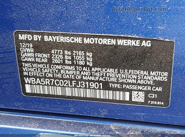 WBA5R7C02LFJ31901 2020 BMW 3 SERIES Blue Շարժիչի բաժամունքի տեսք