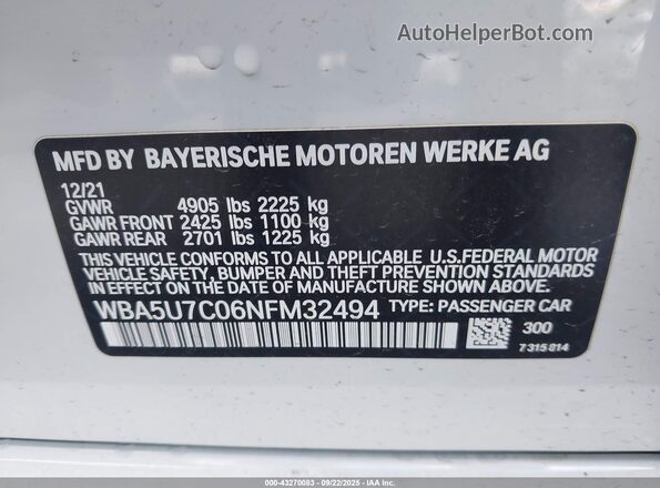 WBA5U7C06NFM32494 2022 BMW 3 SERIES White Շարժիչի բաժամունքի տեսք