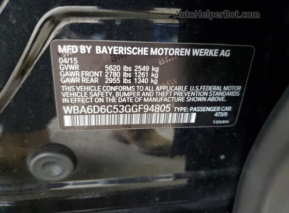 WBA6D6C53GGF94805 2016 BMW 6 SERIES Black Vista de la etiqueta del VIN