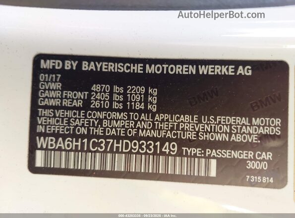WBA6H1C37HD933149 2017 BMW 6 SERIES White ძრავის განყოფილების ხედი