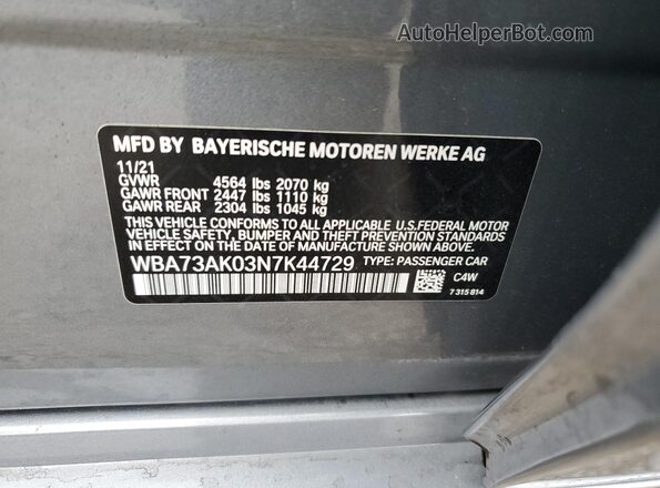 WBA73AK03N7K44729 2022 BMW 2 SERIES Gray Vista de la etiqueta del VIN