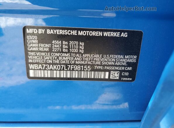 WBA73AK07L7F98155 2020 BMW 2 SERIES Blue Engine compartment view