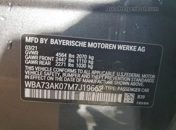 WBA73AK07M7J19652 2021 BMW 7 SERIES Gray VIN կոդի պիտակի տեսք