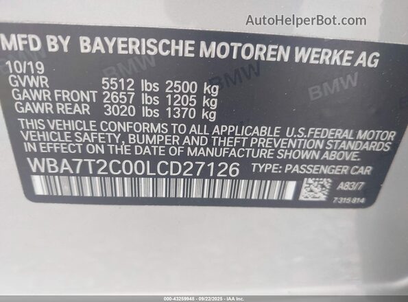 WBA7T2C00LCD27126 2020 BMW 7 SERIES Silver Вид підкапотного простору