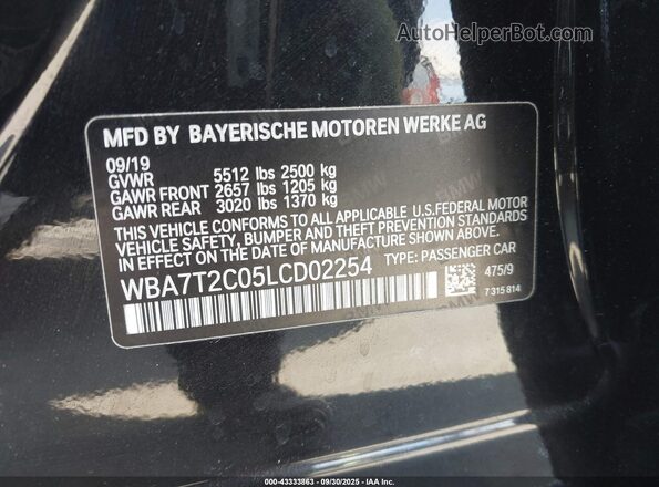 WBA7T2C05LCD02254 2020 BMW 7 SERIES Black Вид підкапотного простору