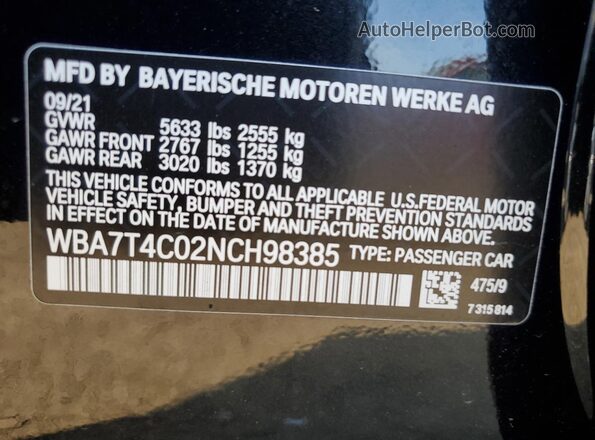 WBA7T4C02NCH98385 2022 BMW 7 SERIES Black Widok komory silnika