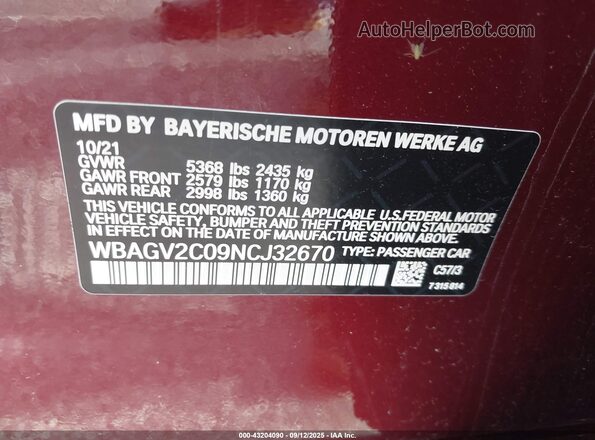 WBAGV2C09NCJ32670 2022 BMW 840 GRAN COUPE Burgundy 