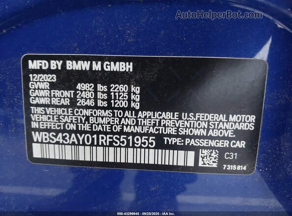 WBS43AY01RFS51955 2024 BMW M3 Blue Engine compartment view