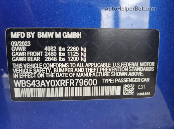 WBS43AY0XRFR79600 2024 BMW M3 Blue 