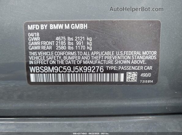 WBS8M9C59J5K99276 2018 BMW M3 Gray 