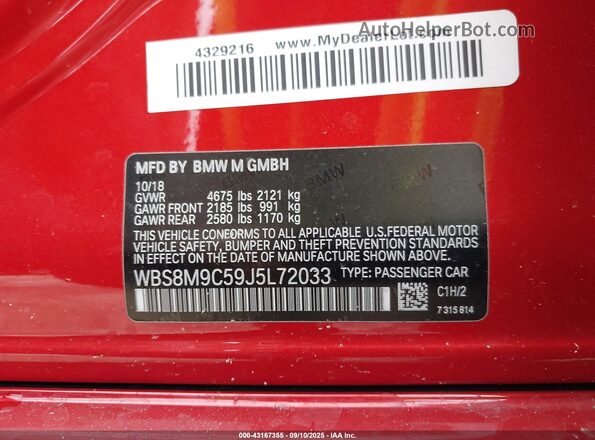 WBS8M9C59J5L72033 2018 BMW M3 Red 