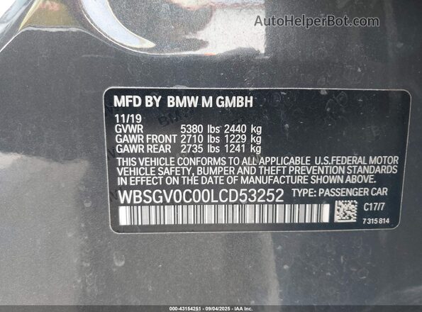 WBSGV0C00LCD53252 2020 BMW M8 Gray ძრავის განყოფილების ხედი