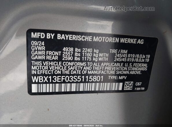 WBX13EF03S5115801 2025 BMW X1 Gray Vista del compartimento del motor