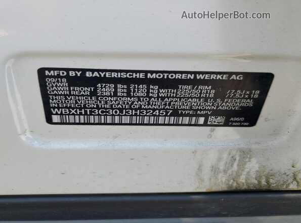 WBXHT3C30J3H32457 2018 BMW X1 White 