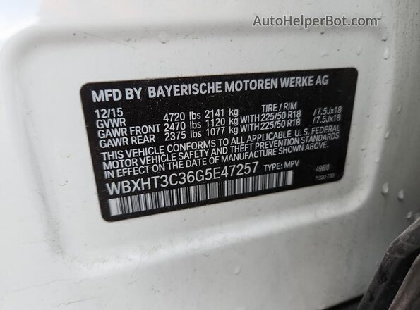 WBXHT3C36G5E47257 2016 BMW X1 Белый Вид наклейки с VIN-кодом