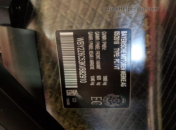 WBY2Z6C53KVB82910 2019 BMW I8 Gray VIN sticker view