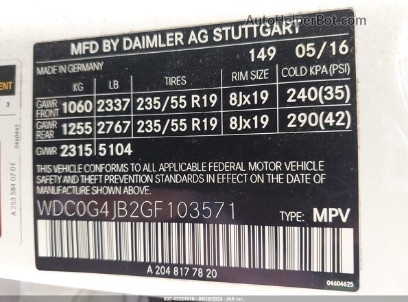 WDC0G4JB2GF103571 2016 MERCEDES-BENZ GLC 300 White Вид підкапотного простору