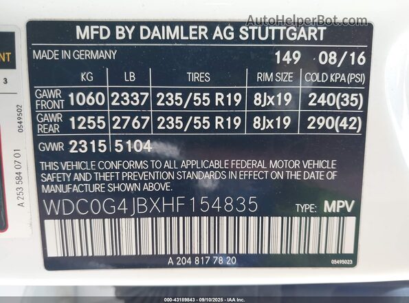 WDC0G4JBXHF154835 2017 MERCEDES-BENZ GLC 300 White 