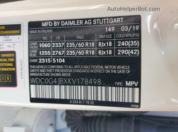 WDC0G4JBXKV178498 2019 MERCEDES-BENZ GLC-CLASS White VIN sticker view