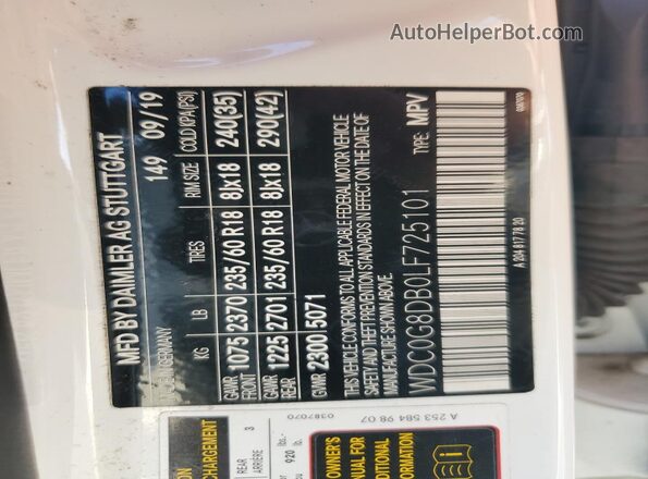WDC0G8DB0LF725101 2020 MERCEDES-BENZ GLC-CLASS White VIN sticker view