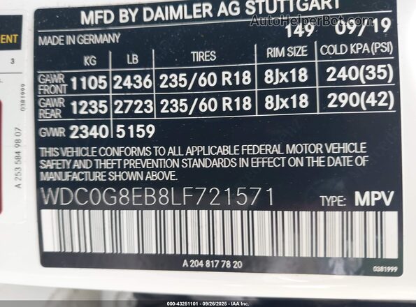 WDC0G8EB8LF721571 2020 MERCEDES-BENZ GLC 300 White Widok komory silnika