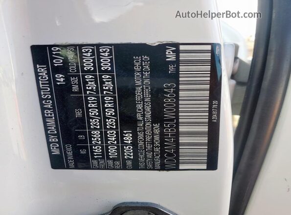 WDC4M4HB5LW008643 2020 MERCEDES-BENZ GLB-CLASS White VIN կոդի պիտակի տեսք