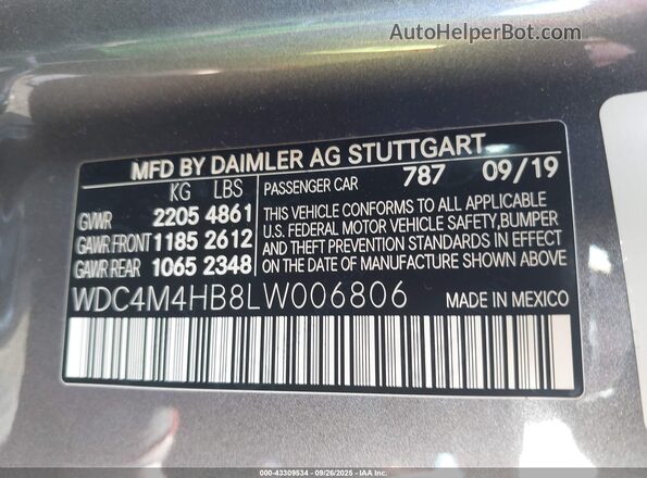 WDC4M4HB8LW006806 2020 MERCEDES-BENZ GLB-CLASS Gray Вид підкапотного простору