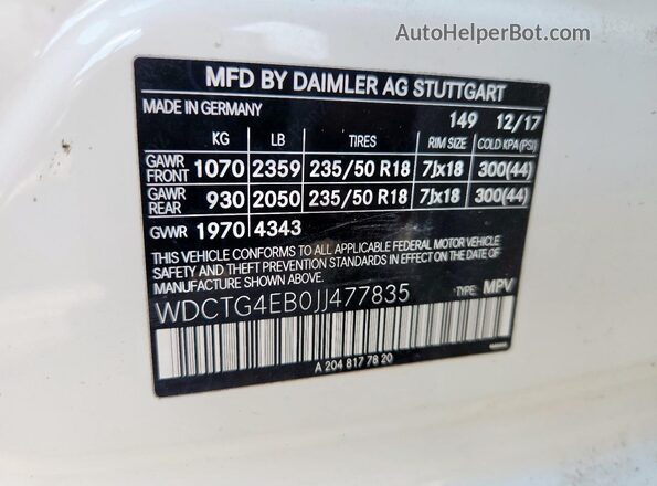 WDCTG4EB0JJ477835 2018 MERCEDES-BENZ GLA Белый 