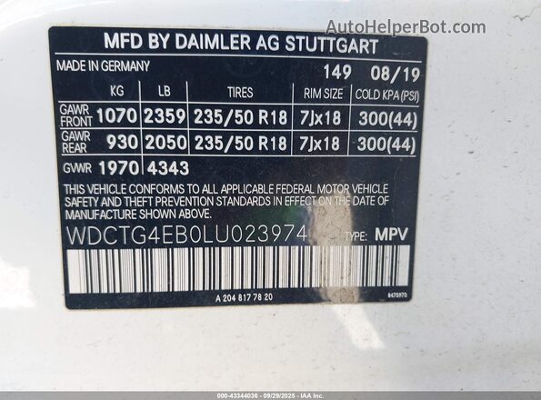 WDCTG4EB0LU023974 2020 MERCEDES-BENZ GLA 250 White Вид підкапотного простору