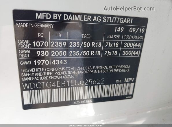WDCTG4EB1LU025622 2020 MERCEDES-BENZ GLA 250 White Widok komory silnika
