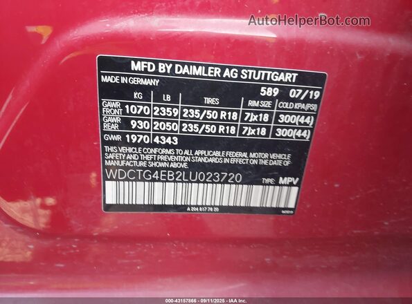 WDCTG4EB2LU023720 2020 MERCEDES-BENZ GLA 250 Red ძრავის განყოფილების ხედი