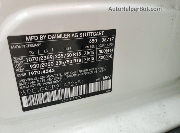 WDCTG4EB3JJ432551 2018 MERCEDES-BENZ GLA White 