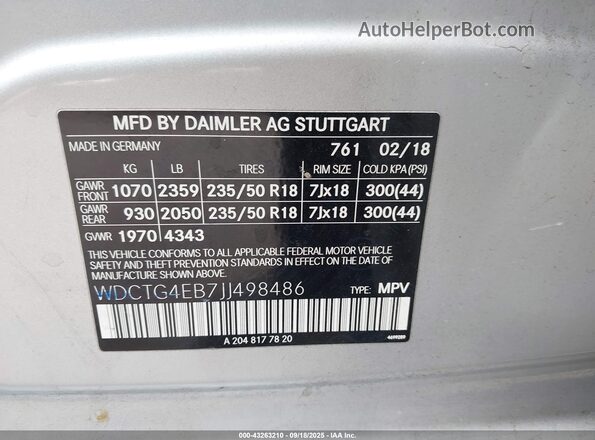 WDCTG4EB7JJ498486 2018 MERCEDES-BENZ GLA 250 Silver 