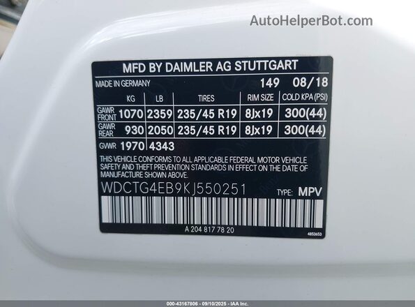 WDCTG4EB9KJ550251 2019 MERCEDES-BENZ GLA 250 White Widok komory silnika