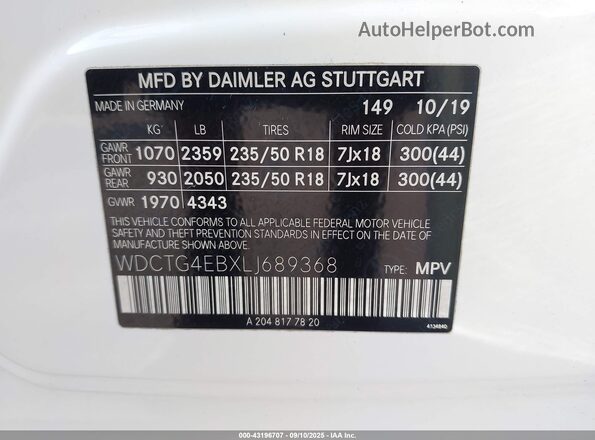 WDCTG4EBXLJ689368 2020 MERCEDES-BENZ GLA 250 White Вид підкапотного простору