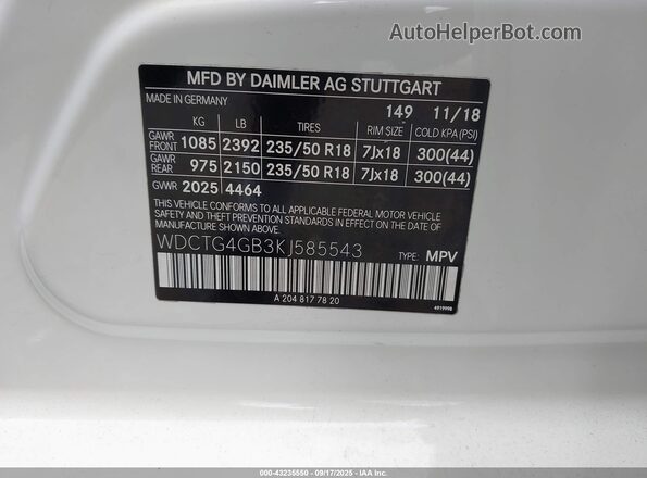 WDCTG4GB3KJ585543 2019 MERCEDES-BENZ GLA White Vista del compartimento del motor
