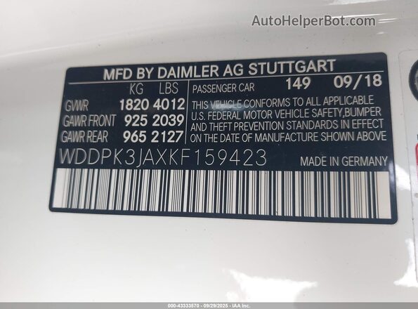 WDDPK3JAXKF159423 2019 MERCEDES-BENZ SLC 300 White 