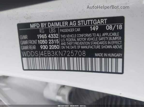 WDDSJ4EB3KN725708 2019 MERCEDES-BENZ CLA 250 White 