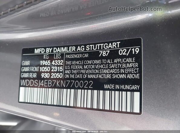WDDSJ4EB7KN770022 2019 MERCEDES-BENZ CLA 250 Gray Вид підкапотного простору