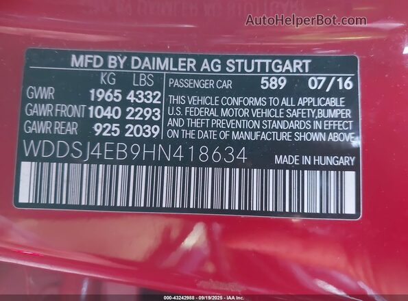 WDDSJ4EB9HN418634 2017 MERCEDES-BENZ CLA 250 Красный 