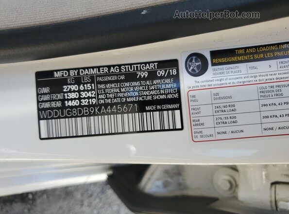 WDDUG8DB9KA445671 2019 MERCEDES-BENZ S White Вид наклейки з VIN-кодом