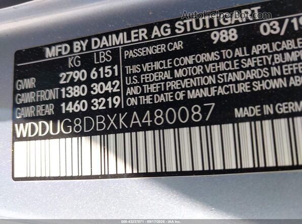 WDDUG8DBXKA480087 2019 MERCEDES-BENZ S Серебряный 