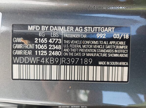 WDDWF4KB9JR397189 2018 MERCEDES-BENZ C-CLASS Gray 