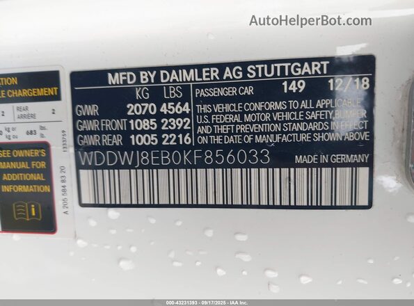 WDDWJ8EB0KF856033 2019 MERCEDES-BENZ C-CLASS White ძრავის განყოფილების ხედი