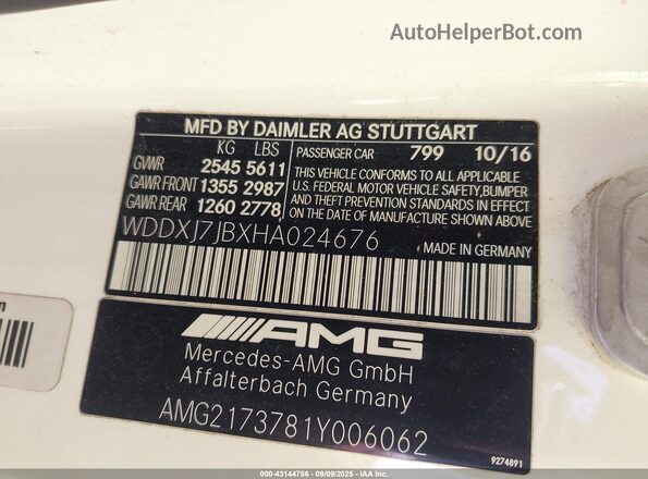WDDXJ7JBXHA024676 2017 MERCEDES-BENZ AMG S 63 White Vista del compartimento del motor